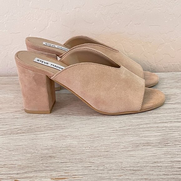 Steve Madden Sandals Slides Heels 6 Chance Tan Pink Taupe Stone Suede Leather - Picture 7 of 11
